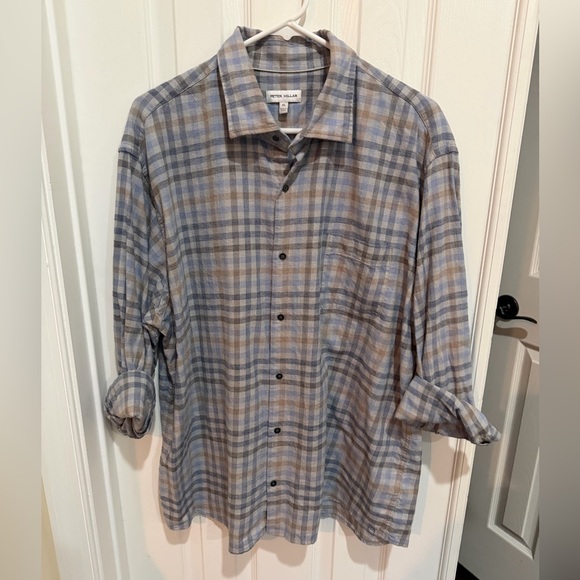 Peter Millar Crown Men's Hill Point cotton sport shirt British Grey plaid XL - Picture 2 of 4